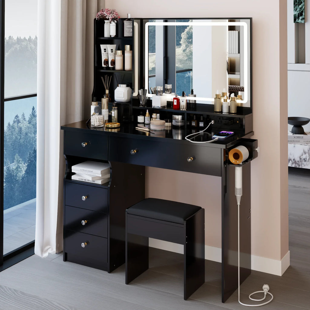 41' Large Size Left Drawer Desktop Vanity Table+Cushioned Stool Dresser Set, 2 AC+2 USB Power Station, Hair Dryer Stand, Extra Large Touch Control LED Mirror, 3-color Switch, EPA, GCC, UL Certificate - Eloy Royal