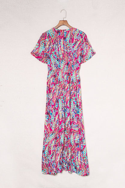 Wholesale Rose Boho Abstract Print V Neck Short Sleeve Maxi Wrap Dress - Eloy Royal