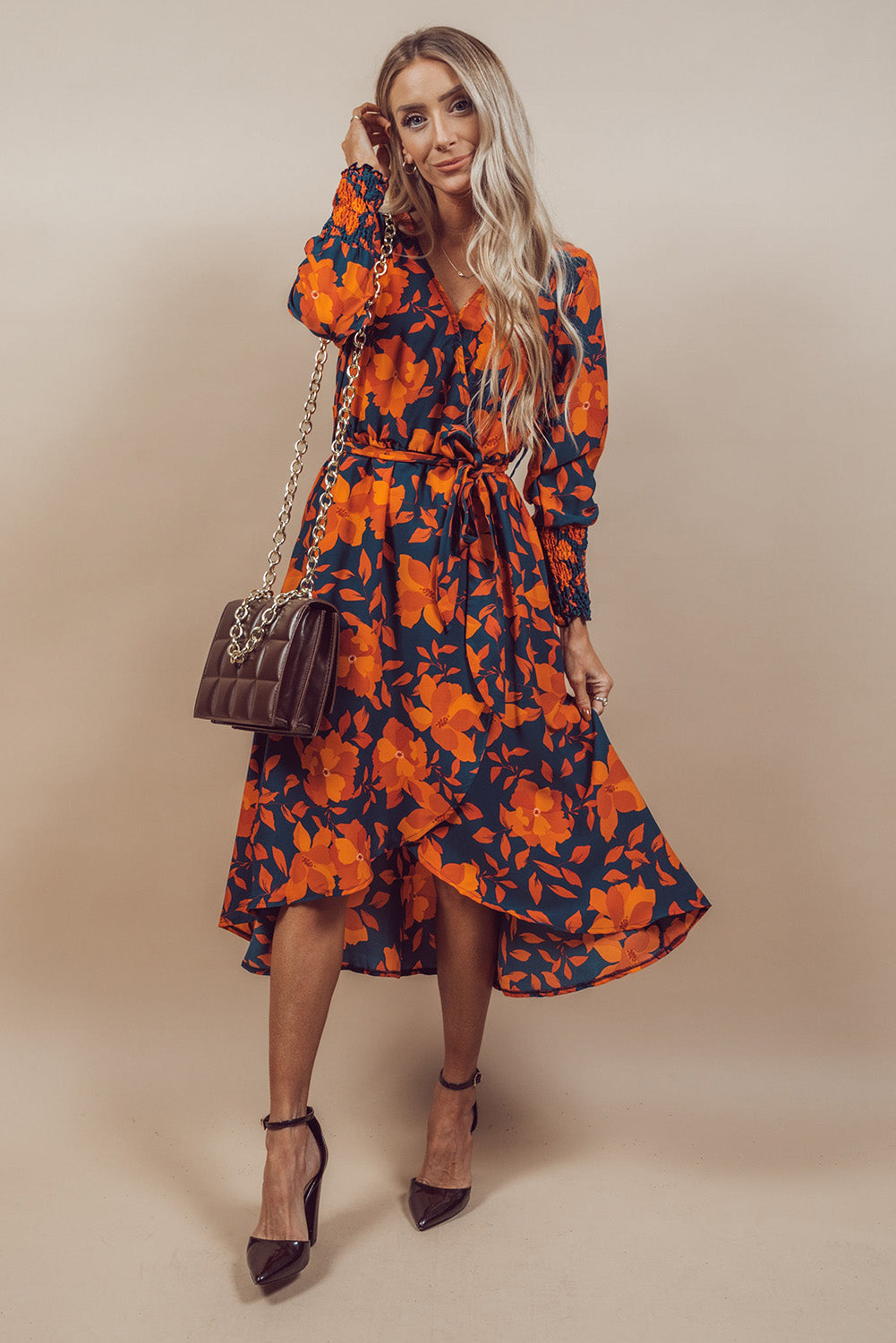 Orange Floral Print Wrap V Neck Belted Midi Dress - Eloy Royal