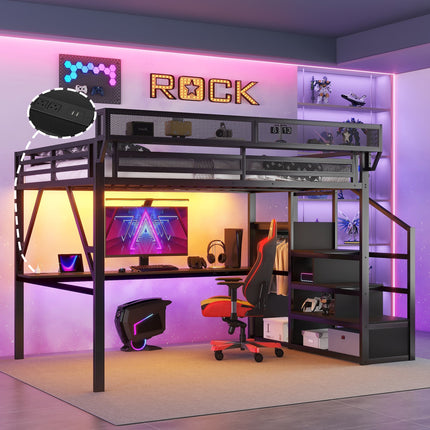 Full Loft Bed with Desk and Charging Station, Full Size Metal Loft Bed with Stairs and Light for Kids Teens, Black(Old SKU W2580S00077)