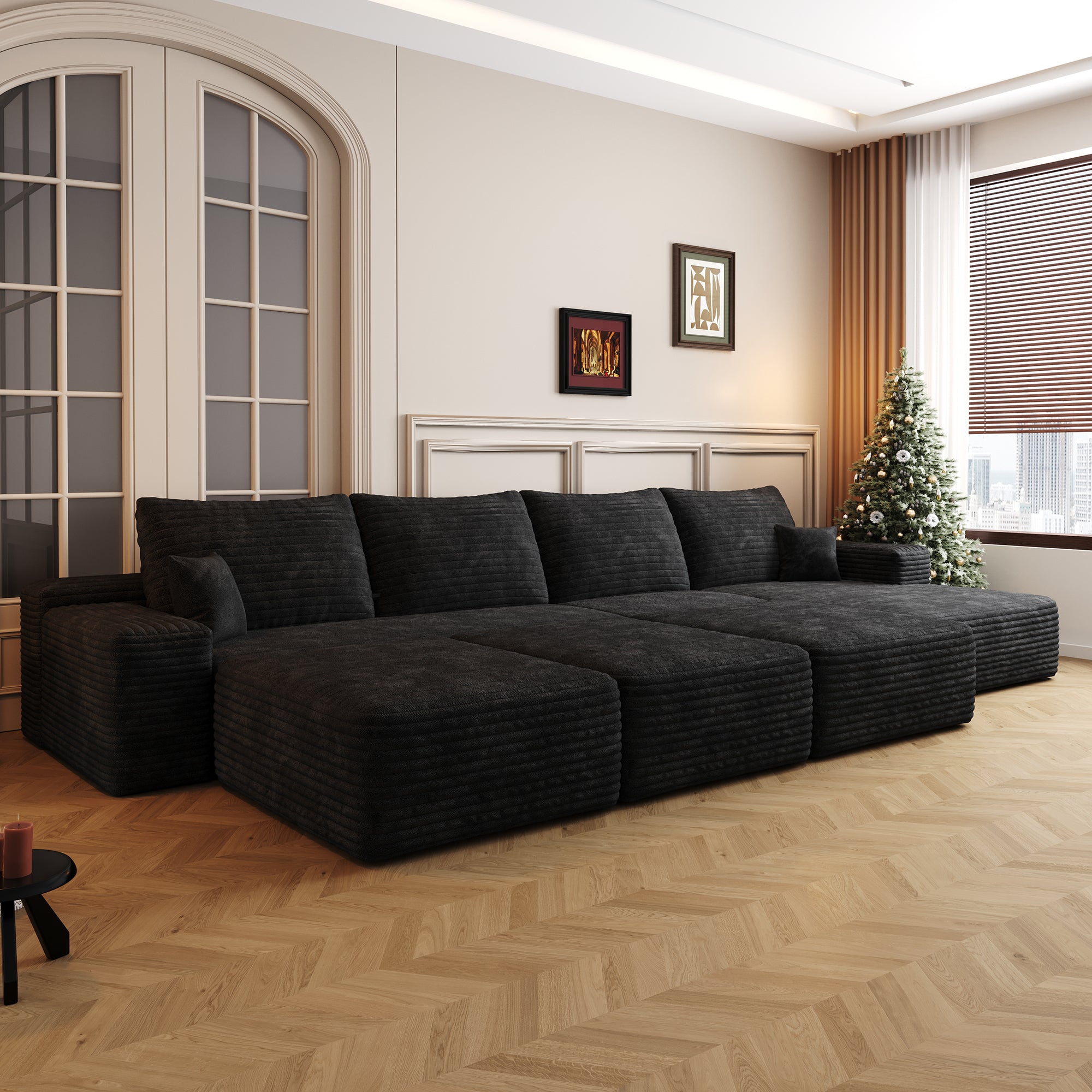 135'Large size modular cloud sofa 6 seats down sofa bed apartment living room sofa ,No Assembly Required,Black(Plush Corduroy Fabric)