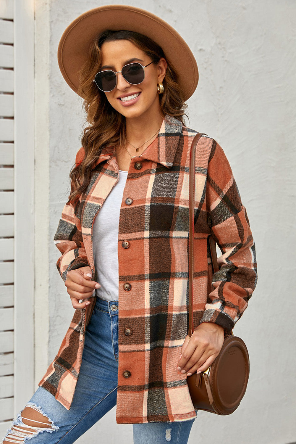 Orange Plaid Button Up Long Sleeve Flannel Shacket - Eloy Royal