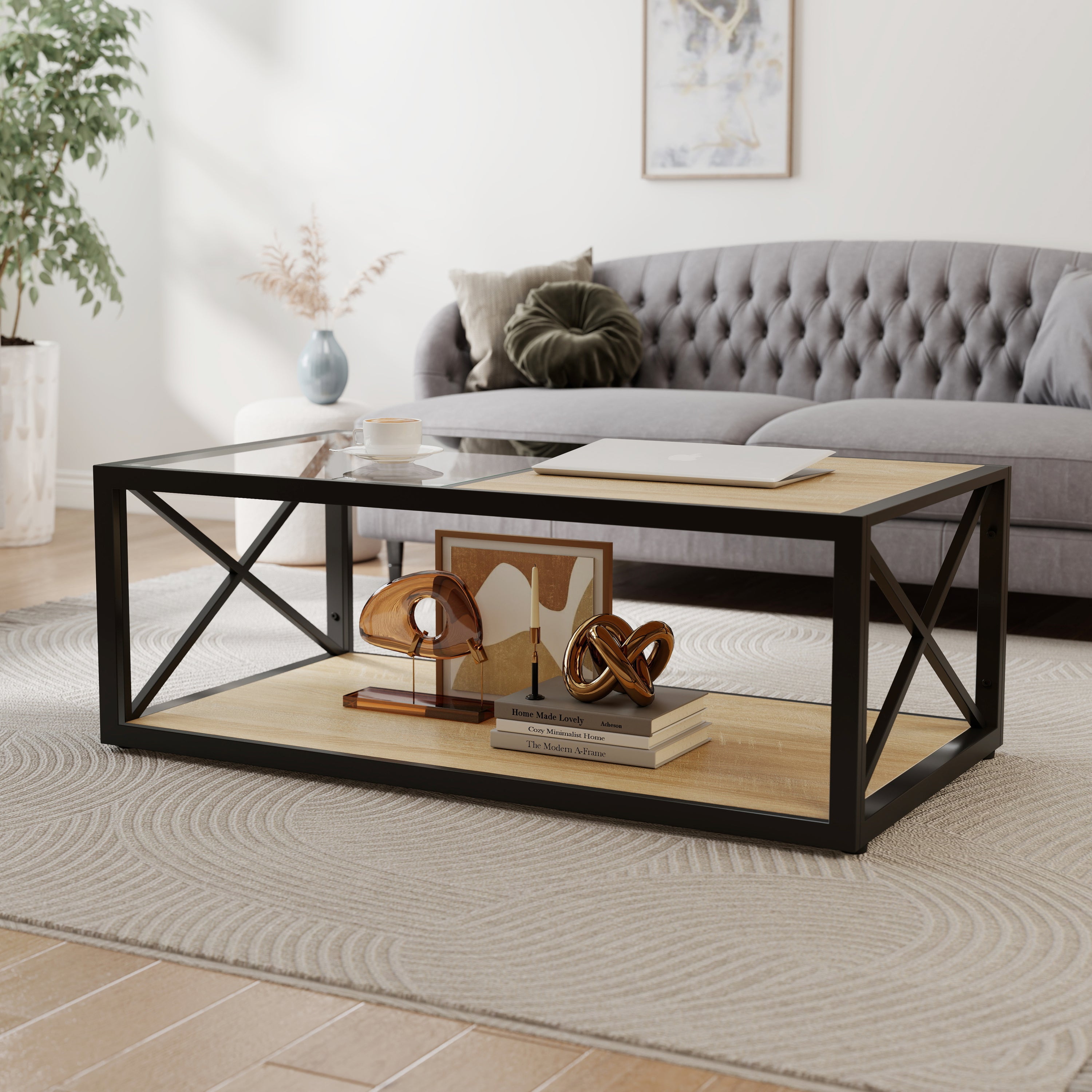 Modern coffee table for Bedroom & Living Room, Tempered Glass&Natural Wood MDF Top , Industrial Style coffee table