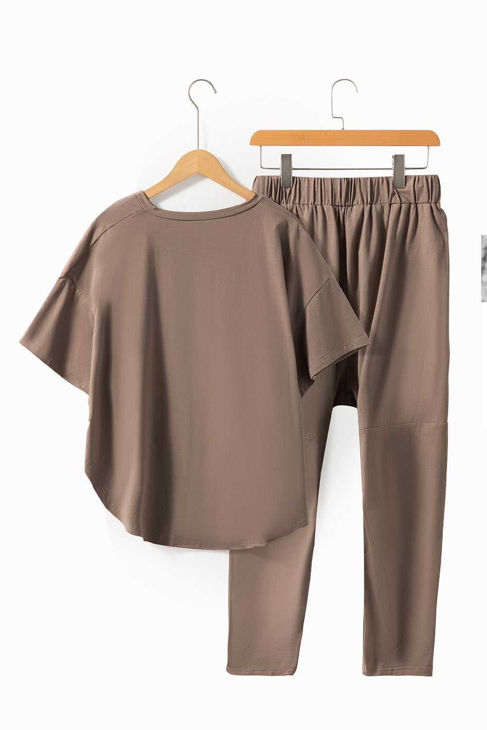 Taupe Batwing Sleeve High Low Tee and Drawstring Crop Pants Set - Eloy Royal