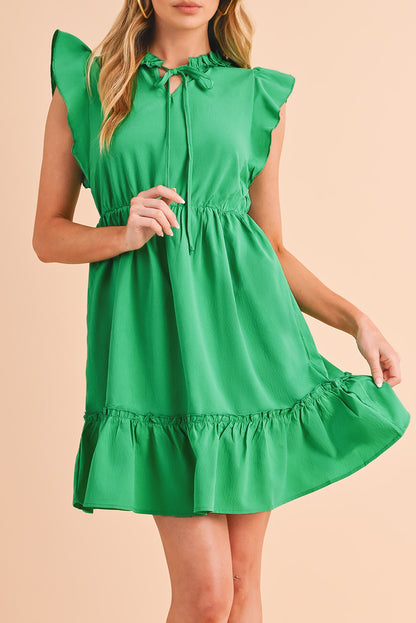 Bright Green Split V Neck Elastic Waist Ruffled Mini Dress - Eloy Royal