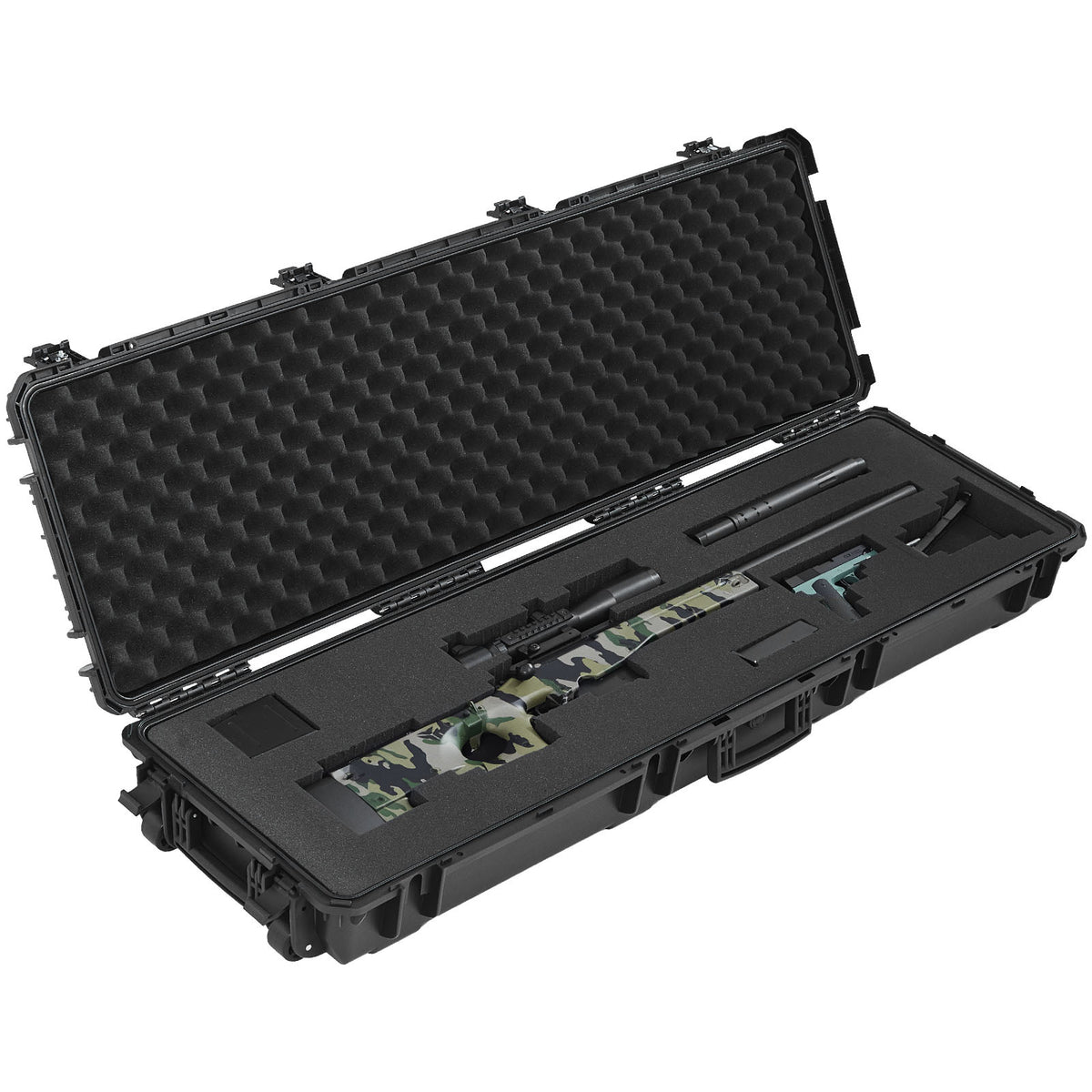 Hard Rifle Case, Lockable Rifle Case with Pre-cut Foams, 52 in Gun Storage with Wheels, Heavy Duty IP67 Waterproof & Dustproof Pistol Storage Cases for Rifles, Shotguns, Airsoft Guns, Black