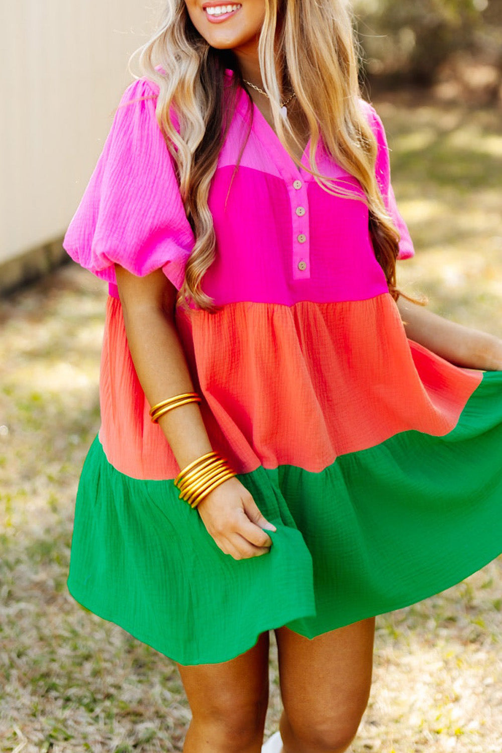 Multicolor Color Block Tiered Puff Sleeve Dress - Eloy Royal