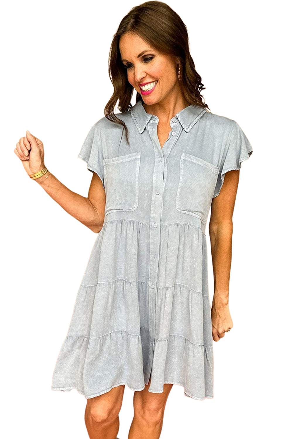 Bonbon Mineral Washed Ruffle Sleeve Tiered Chambray Dress - Eloy Royal