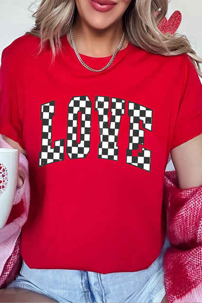 Red Checkered LOVE Letter Graphic Valentines Crewneck T Shirt