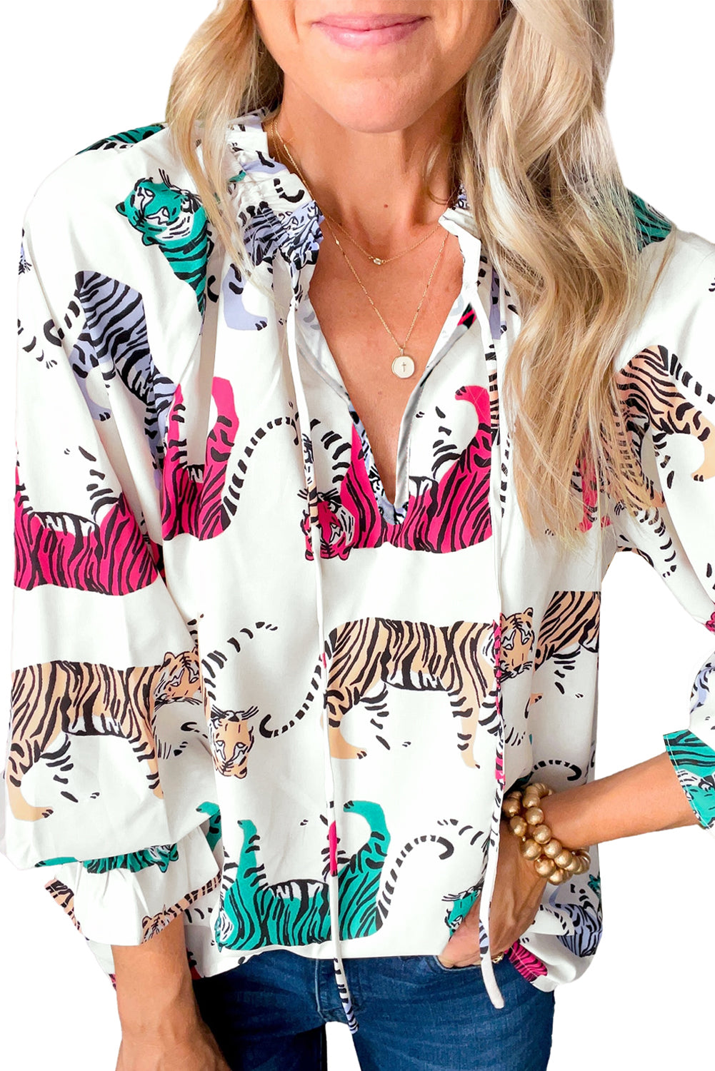 White Colorful Tiger Print Lantern Sleeve Blouse - Eloy Royal