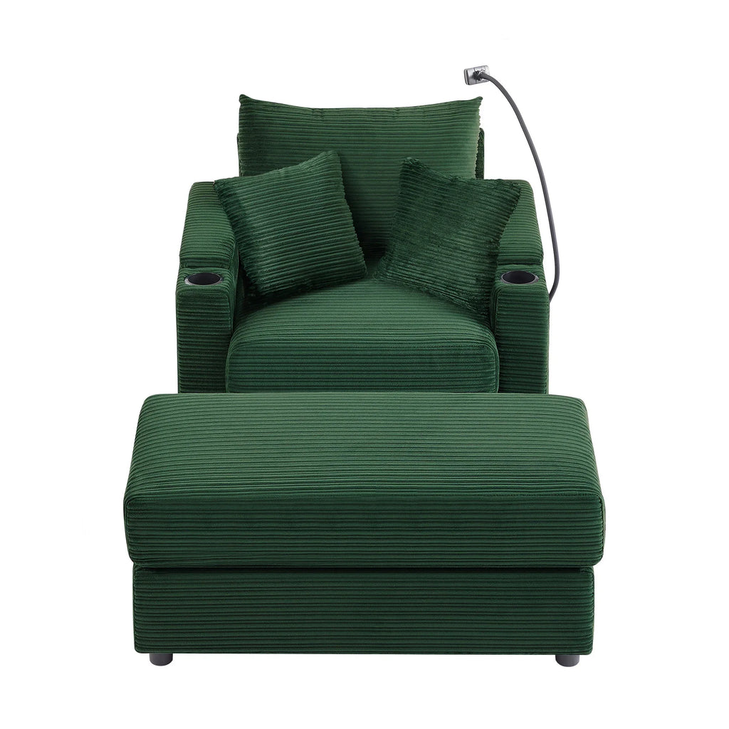 Modern Style Single Sofa Couch with Storage, USB Ports, Cup Holders, Green Corduroy - Eloy Royal