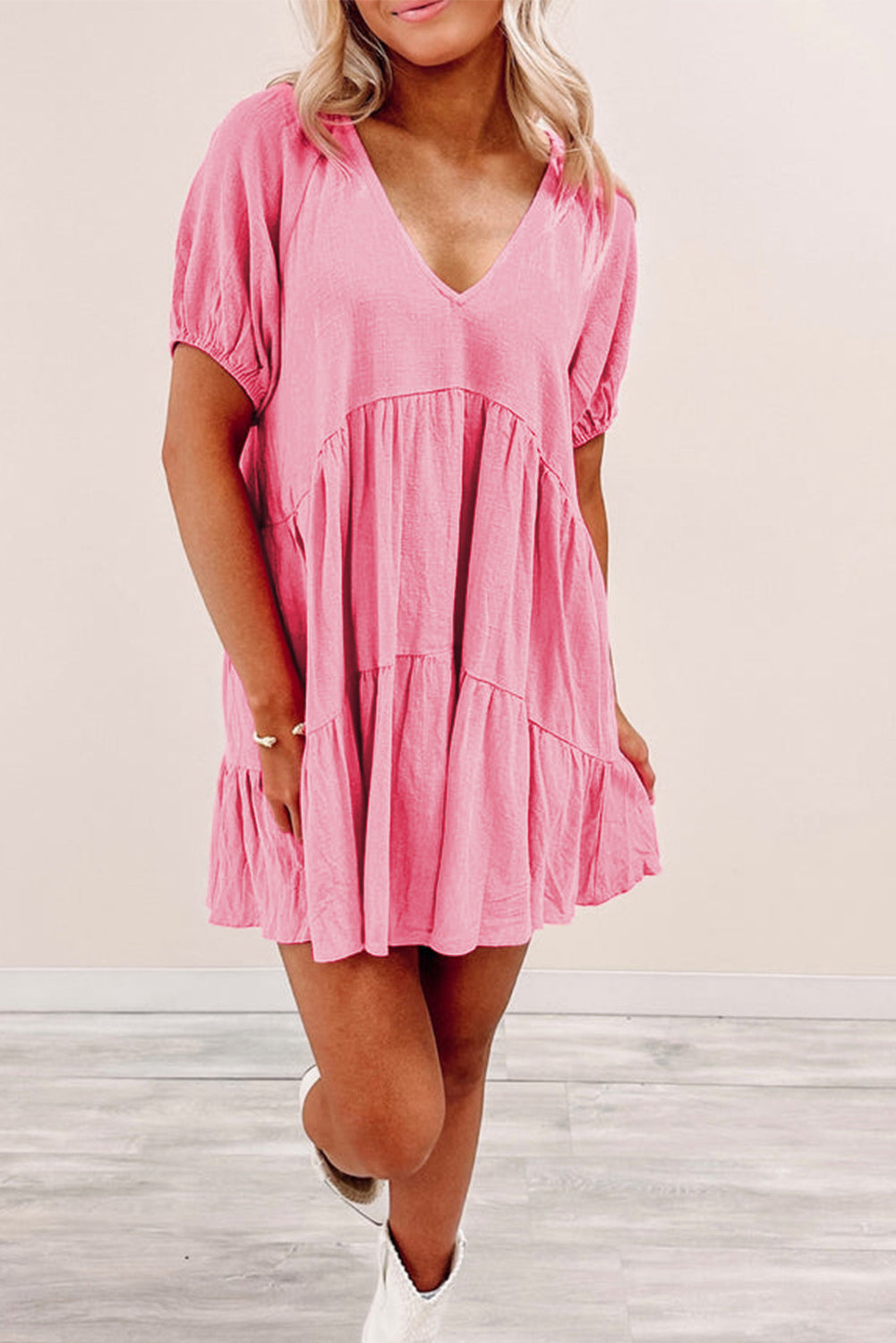 Strawberry Pink Puff Sleeve V Neck Tiered Swing Dress - Eloy Royal