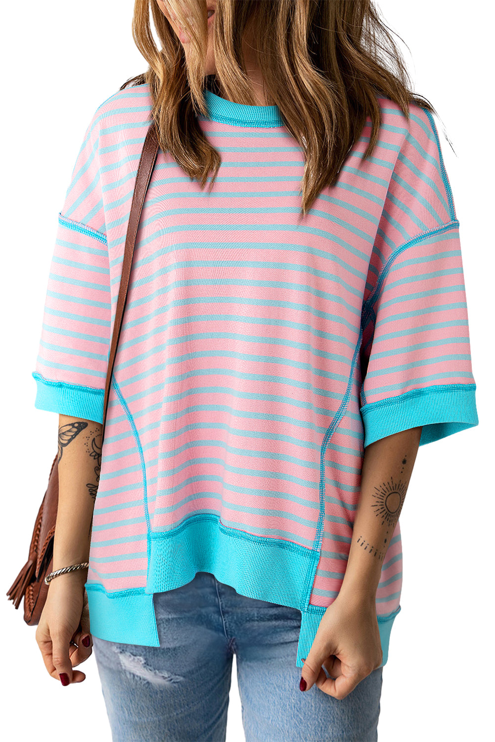 Pink Stripe Colorblock Drop Sleeve Loose Top - Eloy Royal