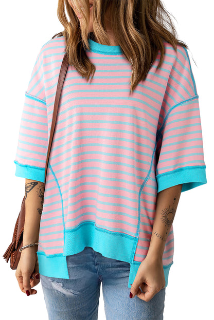 Pink Stripe Colorblock Drop Sleeve Loose Top - Eloy Royal