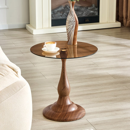 Small metal side table with walnut-grain finish and a round metal frame, featuring a glass top with a diameter of approximately 19.6 inches. Ideal for use next to a bed or sofa, in living rooms, etc.