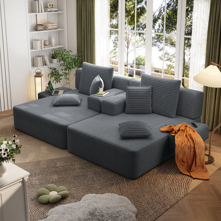 Oversized Double Chaise Lounge 2-Piece Set, Luxurious Plush Corduroy Convertible Sofa Bed with 6 Pillows and Storage Pocket, for Small Spaces,Home Theater, Living Room, Dark Grey