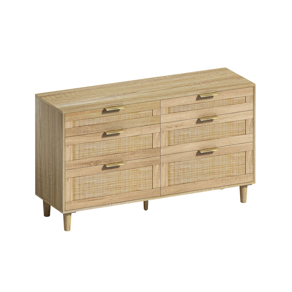 Natural Rattan Dresser with 6 Drawers, Wooden Legs & Metal Handles, 51' Bedroom Storage Cabinet for Living Room or Hallway