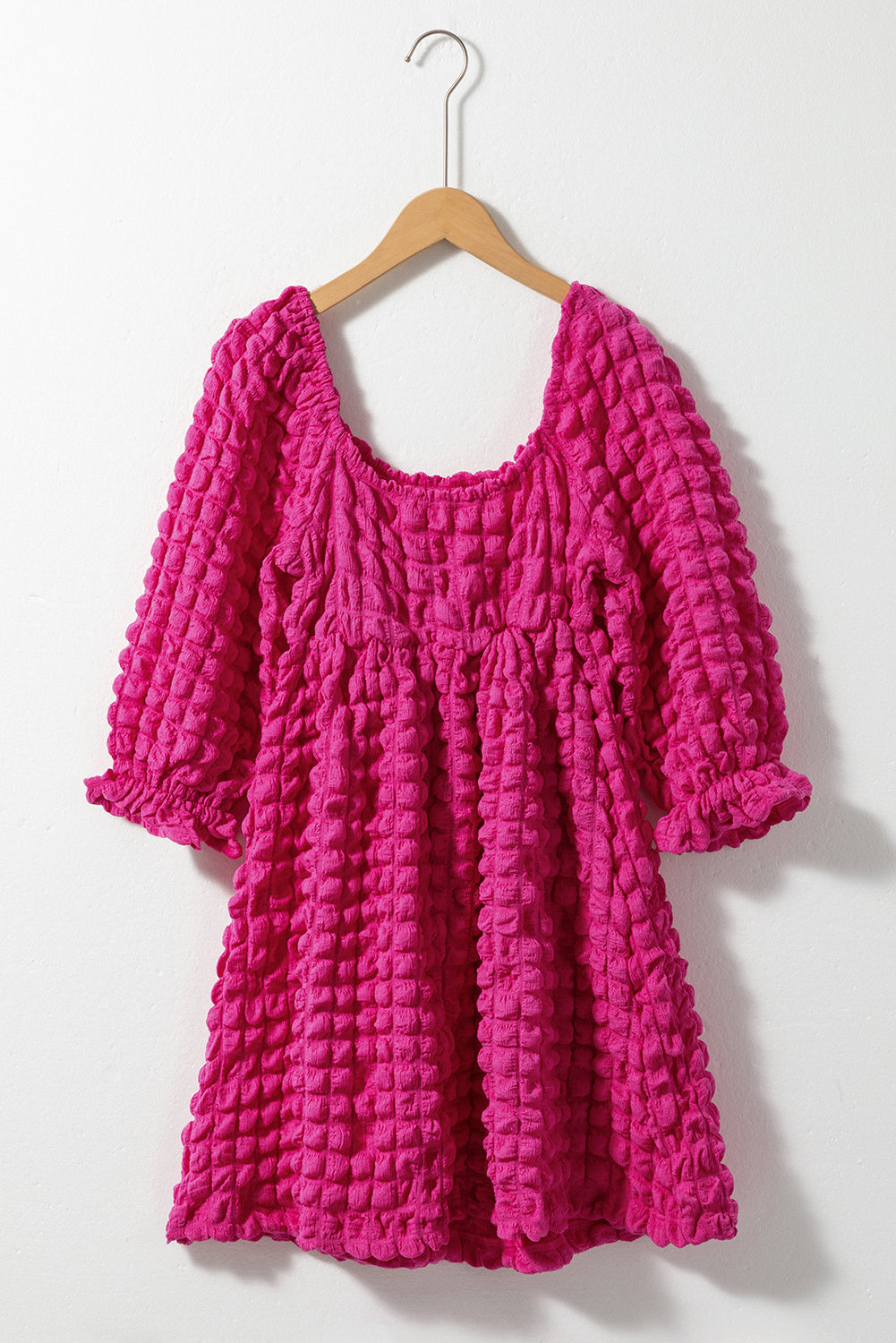 Strawberry Pink Bubble Textured Square Neck Babydoll Dress - Eloy Royal