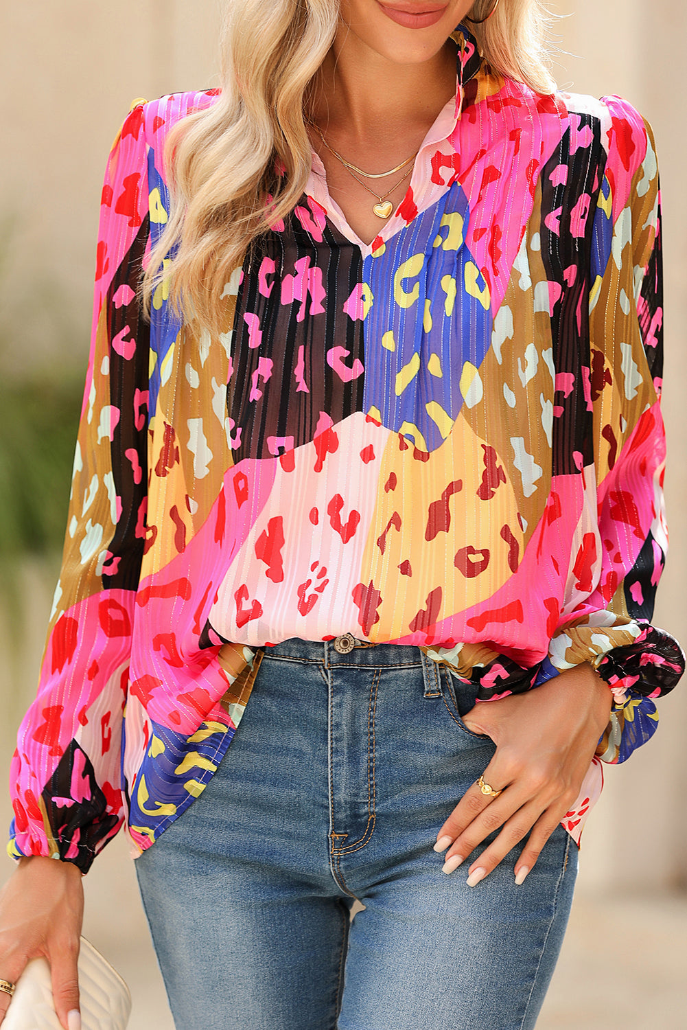 Rose Leopard Print Puff Sleeve Crinkle Blouse - Eloy Royal