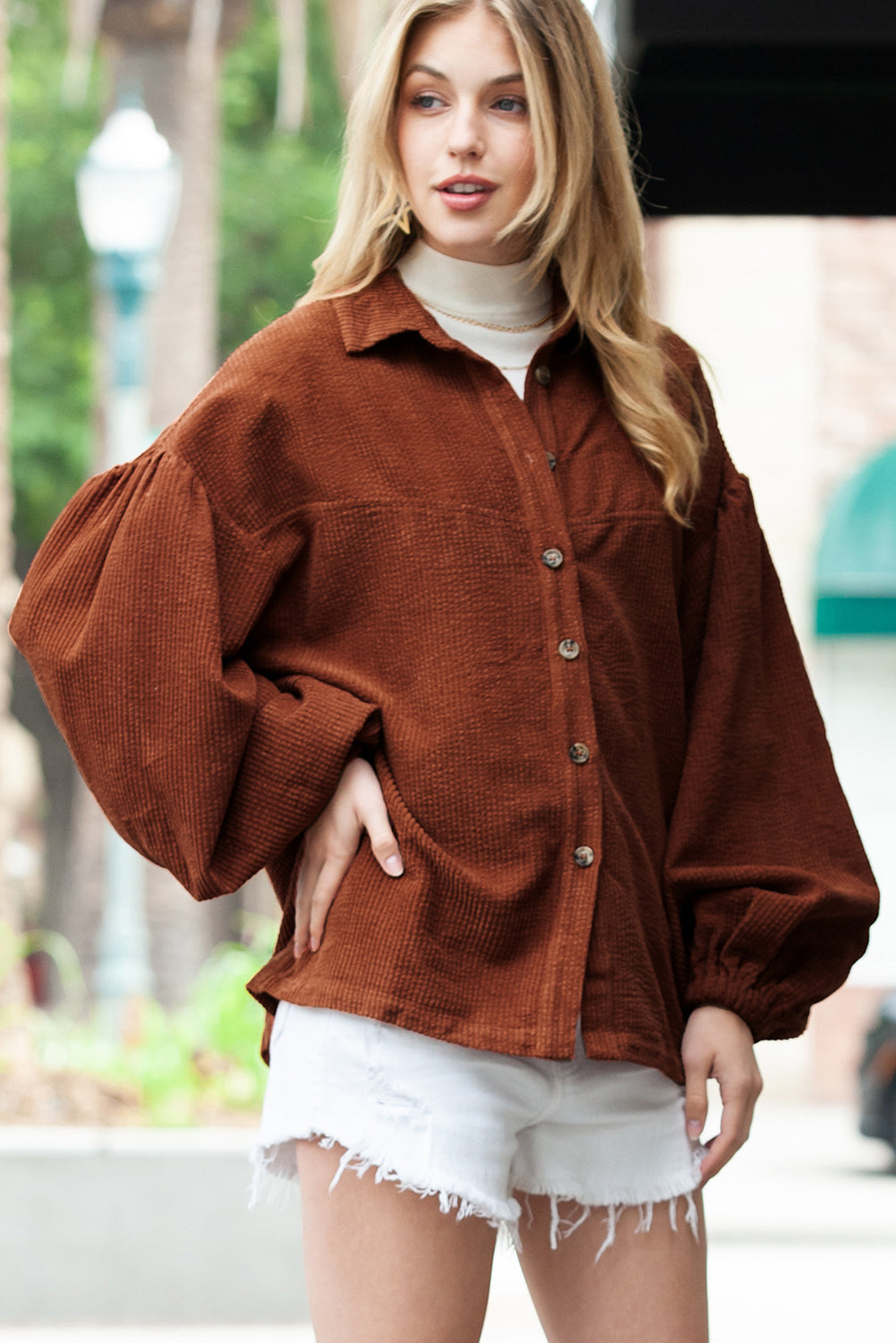 Wholesale Coffee Corduroy Button Up Lantern Sleeve Jacket - Eloy Royal