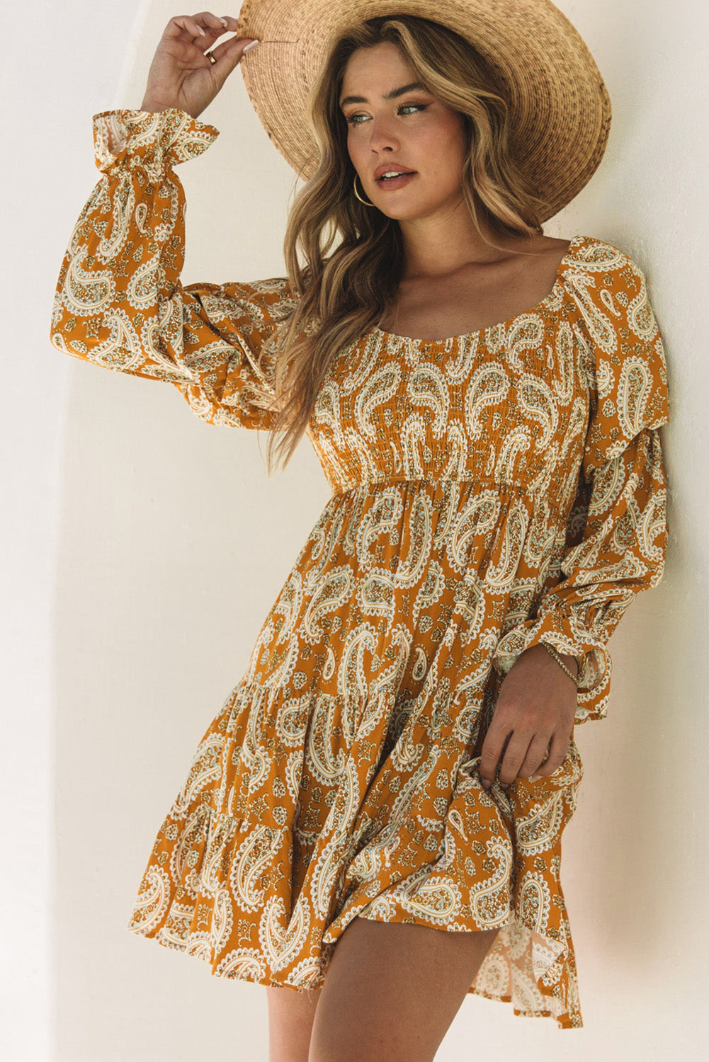 Yellow Boho Paisley Floral Print Long Sleeve Short Dress - Eloy Royal