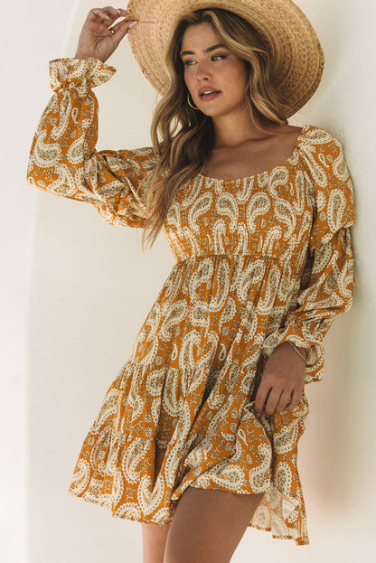 Yellow Boho Paisley Floral Print Long Sleeve Short Dress - Eloy Royal