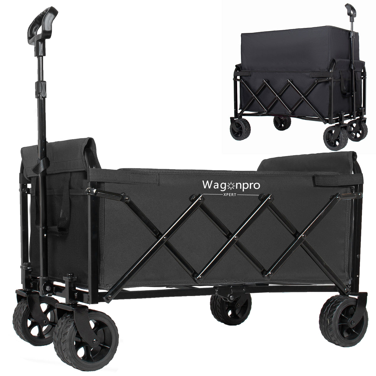 Upgraded 5*2' Wide Wheels-Expandable Dual-Layer Utility Wagon with 100% Extra Space, 220lbs Capacity Grocery Cart for Camping, Shopping, Sports, Gardening, Fishing, Black