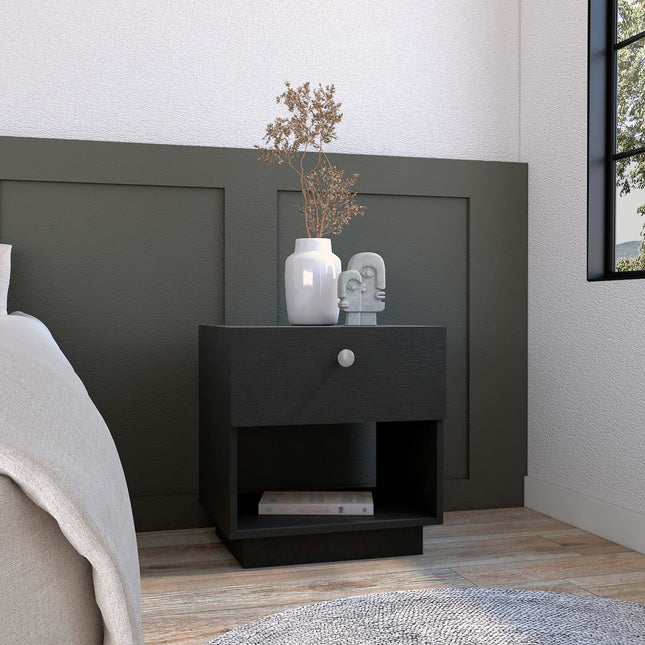 Single Drawer Nightstand 19'H with Open Storage Shelf, Black