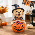 Halloween Labrador Retriever Witch Puppy Figurine, Cute Dog Holding Pumpkin Candy Bowl Decoration