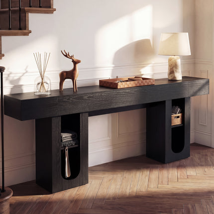 79 Inch Long Console Table with Outlet, Entryway Table with Storage Shelves, Thick Heavy Duty High Density MDF Farmhouse Sofa Table for Hallway Behind Couch,Living Room,Black