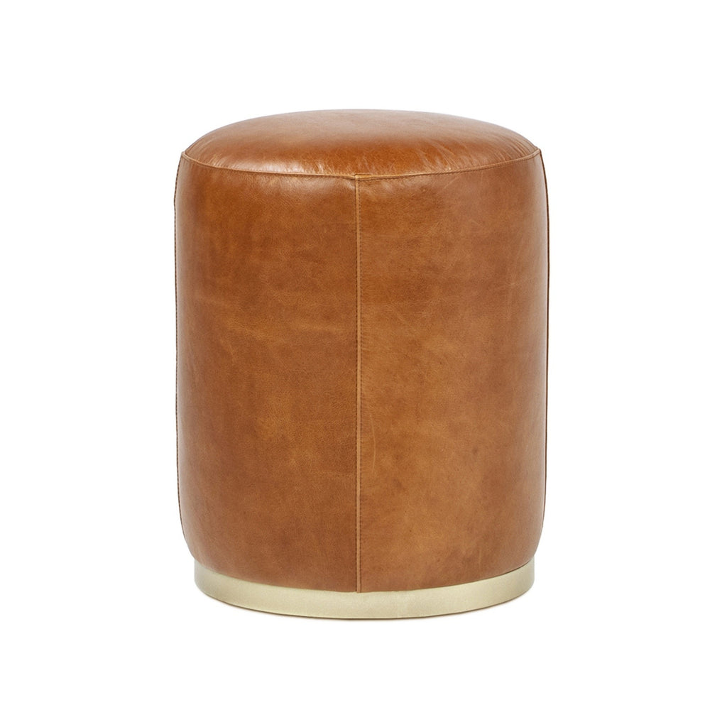 Nico 16' Round Leather Ottoman Stool in Camel Brown Leather with Brass Base