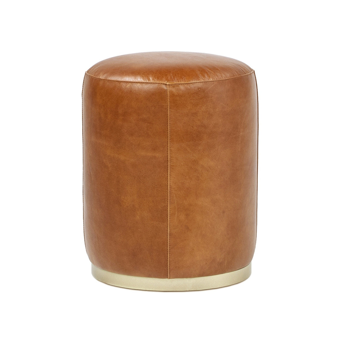 Nico 16' Round Leather Ottoman Stool in Camel Brown Leather with Brass Base