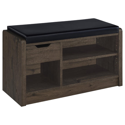 Astor Smoked Oak Open Shelf Storage Bench with Black Faux Leather Cushion and Slide-Out Drawer