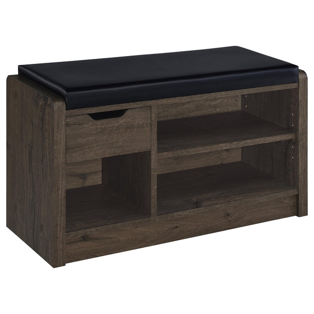 Astor Smoked Oak Open Shelf Storage Bench with Black Faux Leather Cushion and Slide-Out Drawer