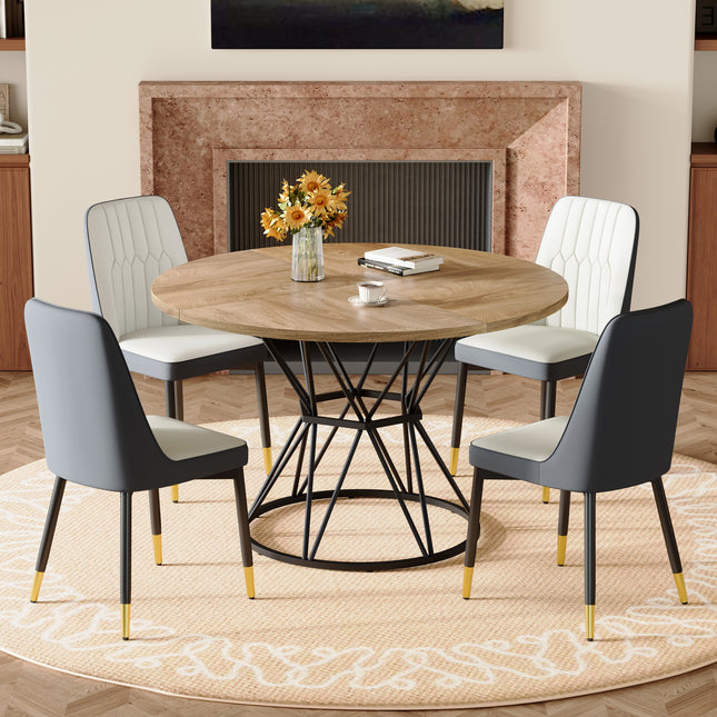 Table and chair set.A circular wood grain MDF dining table with a diameter of 47.3 inches, black hourglass shaped metal brackets.Paired with 4 White and Dark Gray spliced color PU chairs.