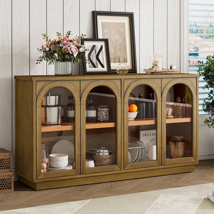 TREXM 4-Door Large Storage Buffet Cabinet with Glass Doors with Arched Cabinet