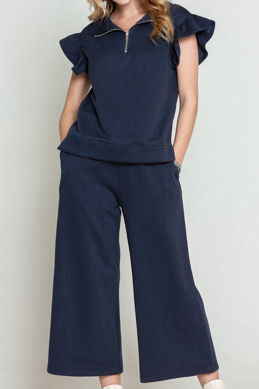 Navy Blue Textured Ruffle Cap Sleeve Top And Wide Leg Pants Set - Eloy Royal