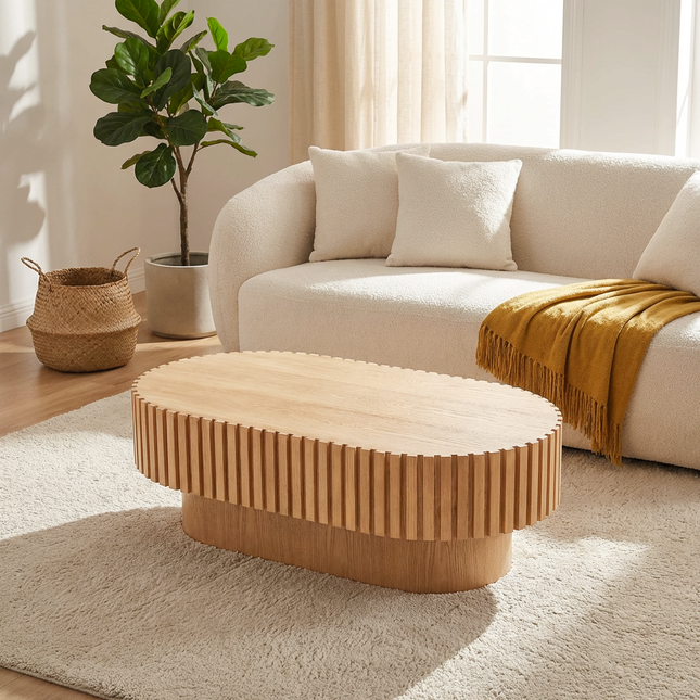 Oval Coffee Table,Mid Century Modern Fluted Coffee Table with Pedestal, Classic Wood Coffee Table for Living Room, Bedroom, Apartment, Office, Small Space, 43.1' Natural Wood Color