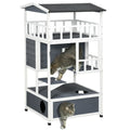 PawHut Wooden Outdoor Cat House, Feral Cat Shelter Kitten Tree with Asphalt Roof, Escape Doors, Condo, Jumping Platform, Grey