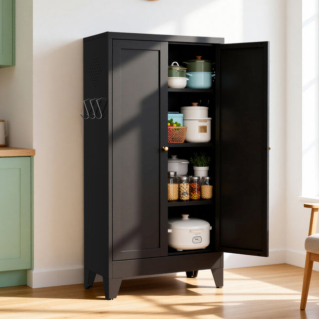 47.3' Black Metal Kitchen Pantry Cabinet Adjustable Storage with 3 Shelves (110lb Capacity), Heavy Duty Freestanding Pantry Organizer for Kitchen, Pantry, Living Room