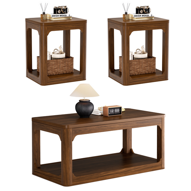 3-piece living room coffee table set, modern-style coffee table and side table set, featuring ample storage space and smooth, rounded edges. Ideal for living rooms, bedrooms, offices, and more.Walnut