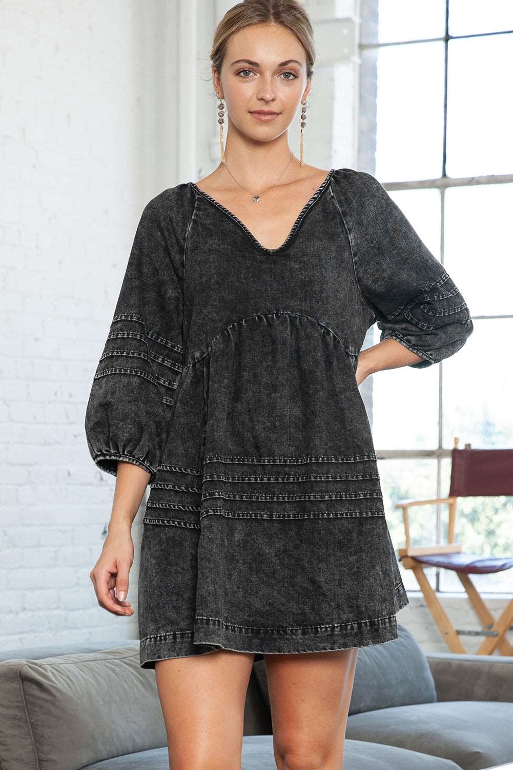 Black Dark Wash Empire Waist V Neck Denim Dress