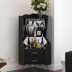 Wooden Corner bar cabinet with 2 open storage shelves and 2 drawers, mirrored back sideboard cabinet, high feet/legs for easy cleaning, buffet cabinet BLACK