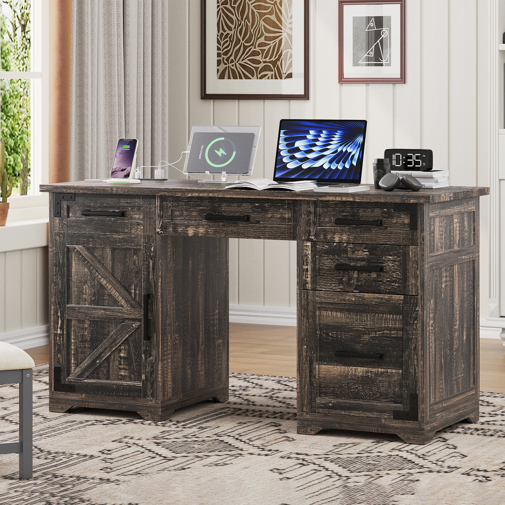 55' Farmhouse Executive Desk with Charging Station & Power Outlet, Home Office Computer Desk with 5 Drawers and Cabinet, Rustic Wood Writing Study Table with File Drawer,  Rustic Gray