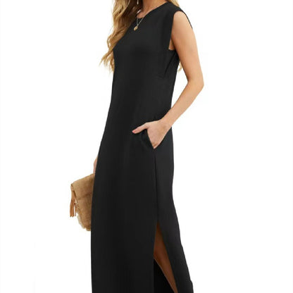 Summer Sleeveless Slit Dress With Pockets Casual Loose Long Dresses For Womens Clothing