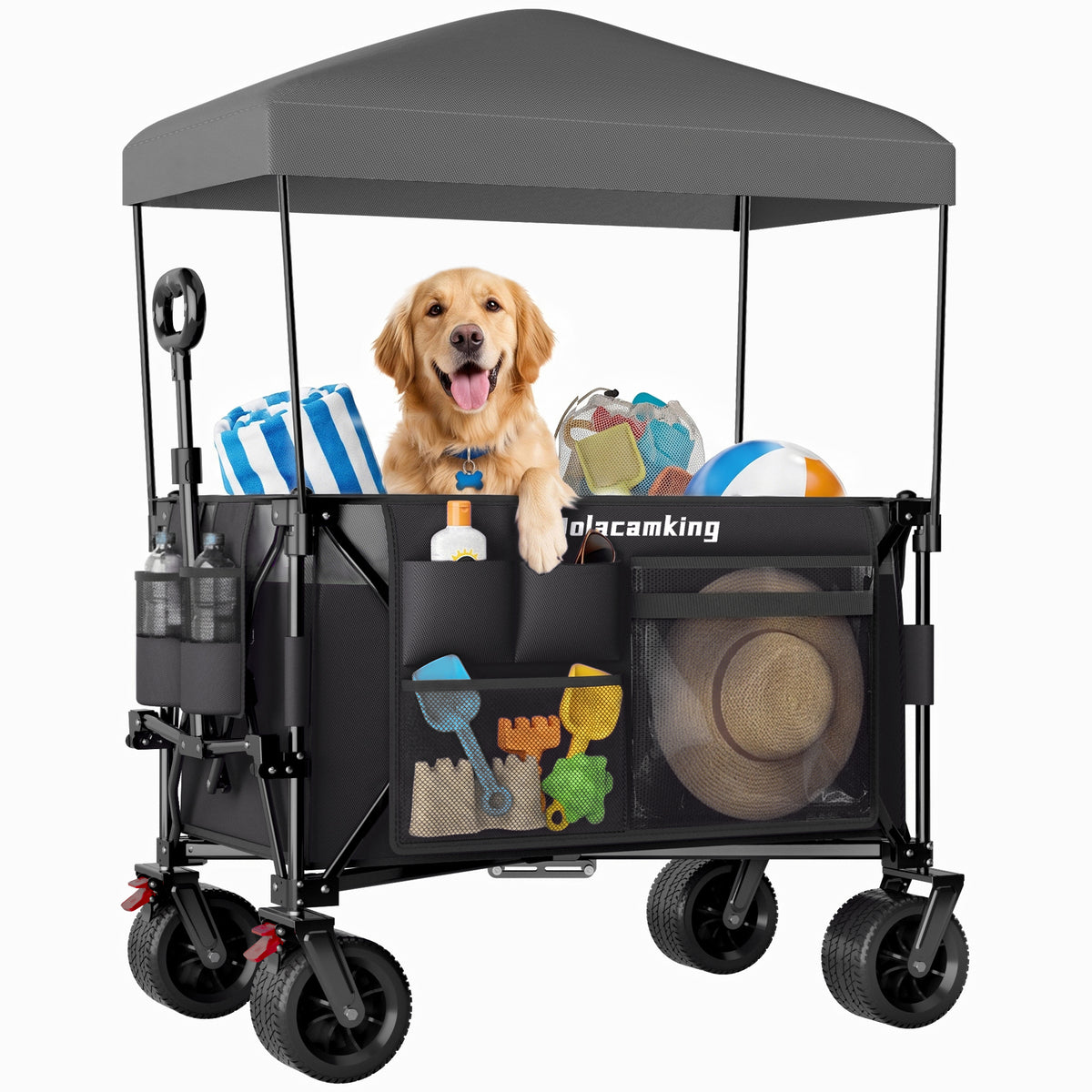 Multi-Functional Pull Folding Wagon Cart with Flexible Handle & Canopy, Heavy Duty Utility Cart with 7'x4' All-Terrain Wheels for Camping, Transport, Groceries, Sports, 520LBS/240L, Black