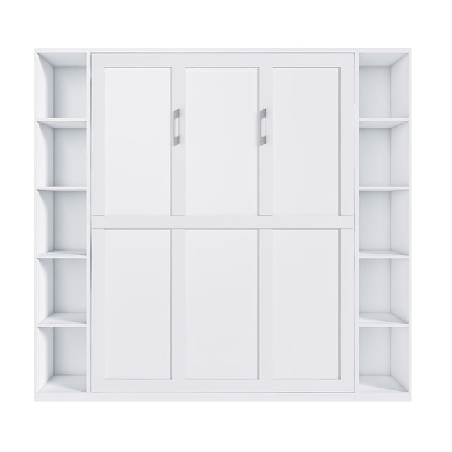Queen Murphy Bed with Storage Cabinet, White, Solid Wood Support Strips, Foldable Wall Bed, 89.7-inch, Space-Saving Design for Bedrooms and Guest Rooms