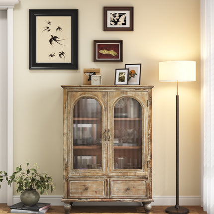 Farmhouse Storage Cabinet, Distressed Wood Kitchen Pantry Cabinet with 2 Glass Doors & 2 Drawers, Rustic Freestanding Buffet Cupboard with Shelves for Living Room, Dining Room, Distressed Brown