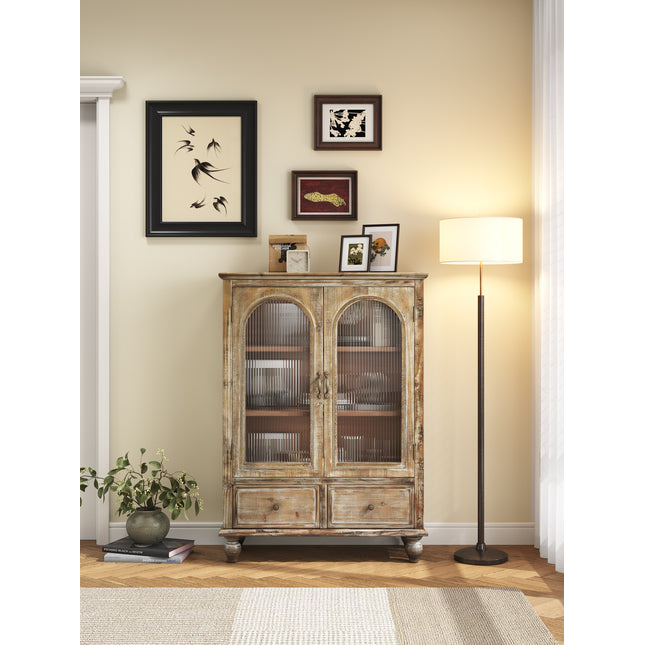 Farmhouse Storage Cabinet, Distressed Wood Kitchen Pantry Cabinet with 2 Glass Doors & 2 Drawers, Rustic Freestanding Buffet Cupboard with Shelves for Living Room, Dining Room, Distressed Brown