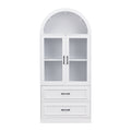 Modern Minimalist Arched Top Storage Cabinet with Tempered Glass Doors, Fixed 2-Tier Shelves, 2 Large Drawers, Soft Close Hinges & Exquisite Metal Handles, White